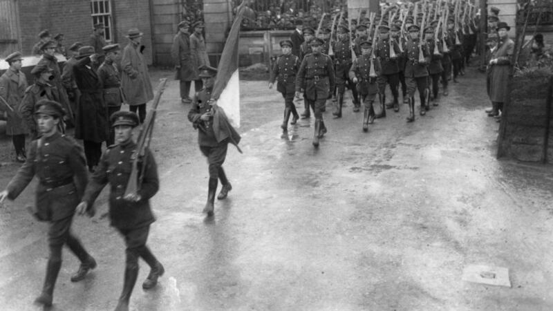 May 1922: Gen Eoin O’Duffy saluting soldiers of the Free State Army, as they march into the Portobello Barracks in Dublin. The available evidence  suggests that  O’Duffy, as chief-of-staff of the provisional government forces, was in command of the Northern campaign in 1922. Photograph:  Topical Press Agency/Getty Images