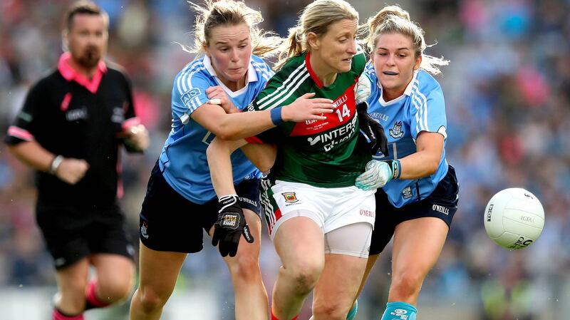 Cora Staunton in action during Mayo’s defeat to Dublin in the Ladies Senior All-Ireland Football Championship Final at  Croke Park. Photograph:  Ryan Byrne/Inpho