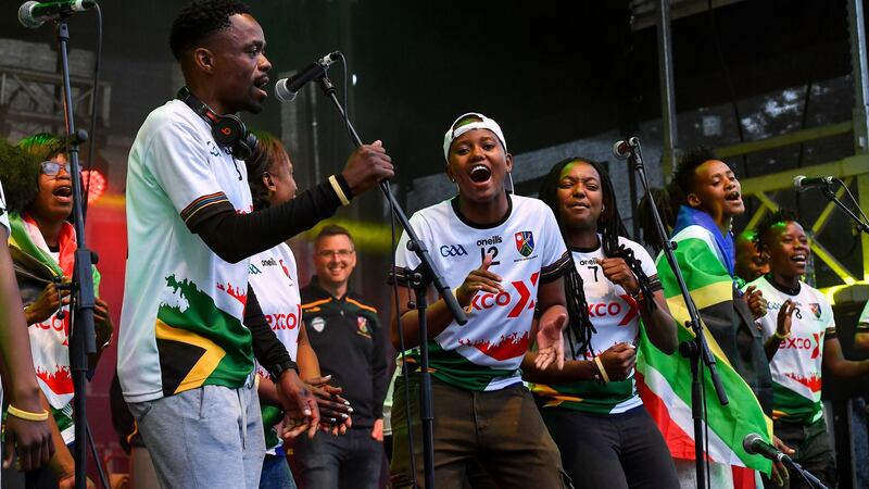 Players from South Africa Gaels performing during the opening ceremony  in Waterford. Photograph:  Piaras Ó Mídheach/Sportsfile