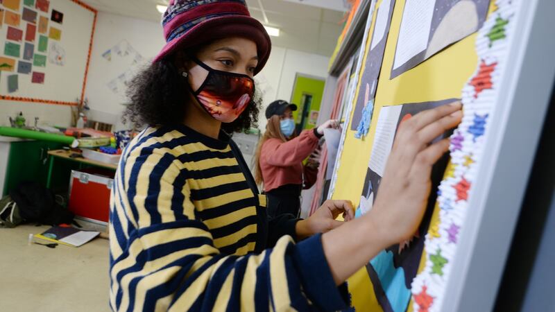 Ebun Oladeru and Angela Mulhern, art department prop maker and assistant, working on the set of Home School Hub. Photograph: Alan Betson/The Irish Times