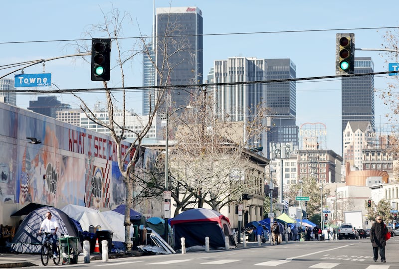 A homeless encampment lines a street in Skid Row on December 14th, 2022 in Los Angeles, California. Photograph: Mario Tama/Getty 