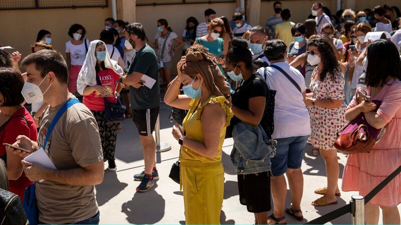 Teachers queue to get tested for Covid-19 at a temporary testing point in Virgen de la Paloma secondary school in Madrid on September 2nd. Photograph: Pablo Blazquez Dominguez/Getty