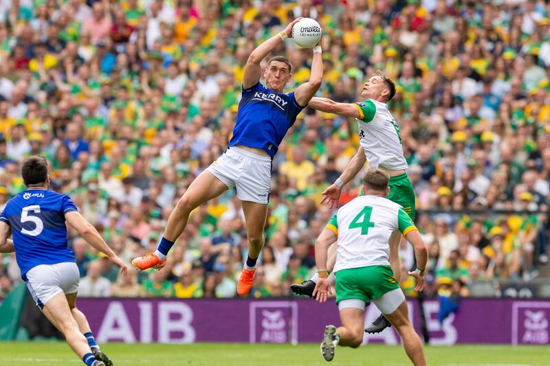 Kerry’s Joe O’Connor fields a kickout during the All-Ireland SFC final against Donegal at Croke Park. Photograph: Morgan Treacy/Inpho