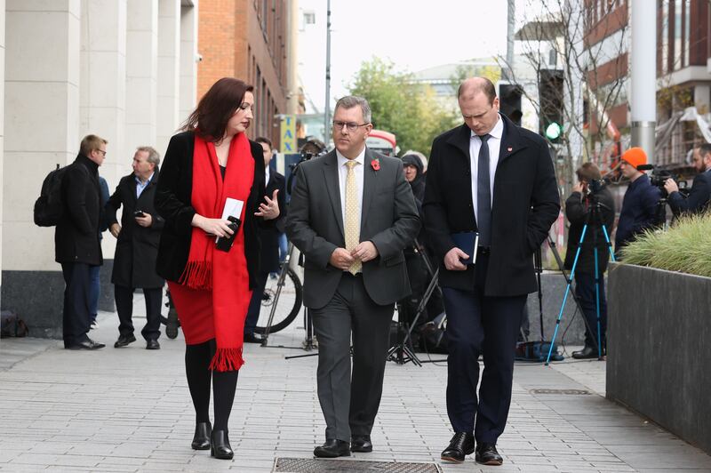 Jeffrey Donaldson, pictured with Emma Little-Pengelly and Gordon Lyons, urged the UK and EU to come to a resolution over the Northern Ireland Protocol. Photograph: Liam McBurney/PA Wire