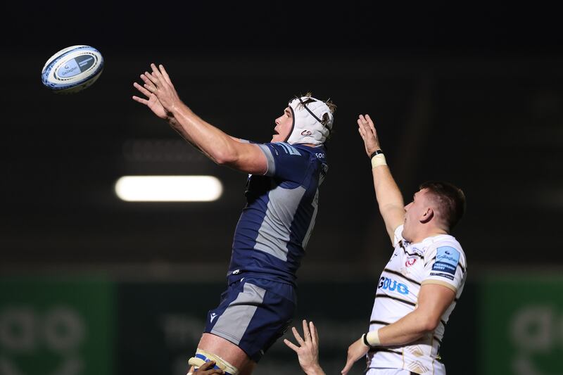 Ernst van Rhyn of Sale Sharks takes a clean line-out ball during the Gallagher Premiership Rugby match between Sale Sharks and Gloucester Rugby at AJ Bell Stadium in Salford on November 3rd. Photograph: Jan Kruger/Getty Images for Sale Sharks