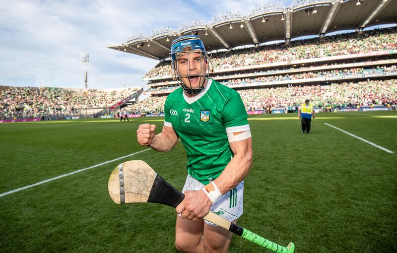 Limerick's Michael Casey celebrates the victory over Galway in the All-Ireland semi-final at Croke Park. A rock in Limerick's defence. Photograph: Evan Treacy/Inpho 