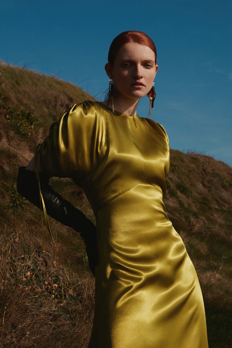 Aoife: Ruched shoulder midi dress in pistachio green, €490.