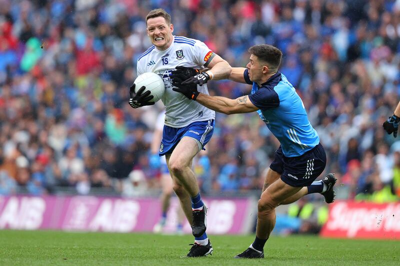 Monaghan's Conor McManus is challenged by David Byrne of Dublin. Photograph: Bryan Keane/Inpho 