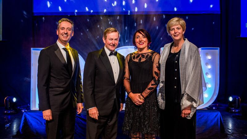 DCU alumni award recipients (left to right)  Shay Walsh, managing director at BT Ireland; former taoiseach Enda Kenny; Irish rugby international Lindsay Peat and Sr Orla Treacy. Photograph: James Forde/The Irish Times