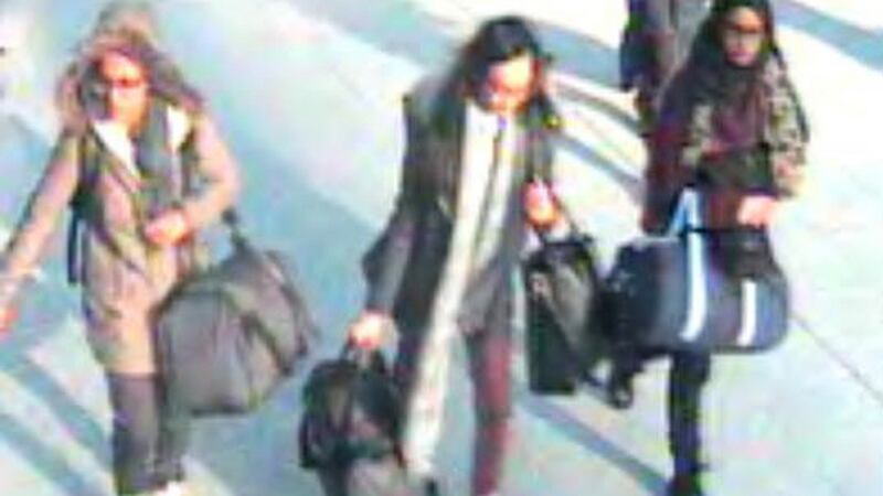 CCTV image of   British teenagers  Amira Abase, Kadiza Sultana and Shamima Begum at Gatwick Airport in February 2015, on their way to join Islamic State in Syria.  Photograph:  HO/AFP/Getty Images