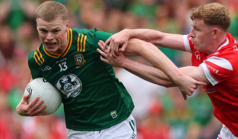 Meath’s Mathew Costello and Louth's Peter Lynch. Photograph: James Crombie/Inpho