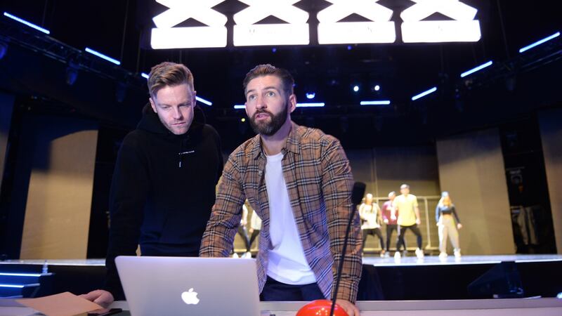 Ciarán Connolly and Johnny White on the Ireland’s Got Talent set at the Helix in Dublin. Photograph: Dara Mac Dónaill/The Irish Times