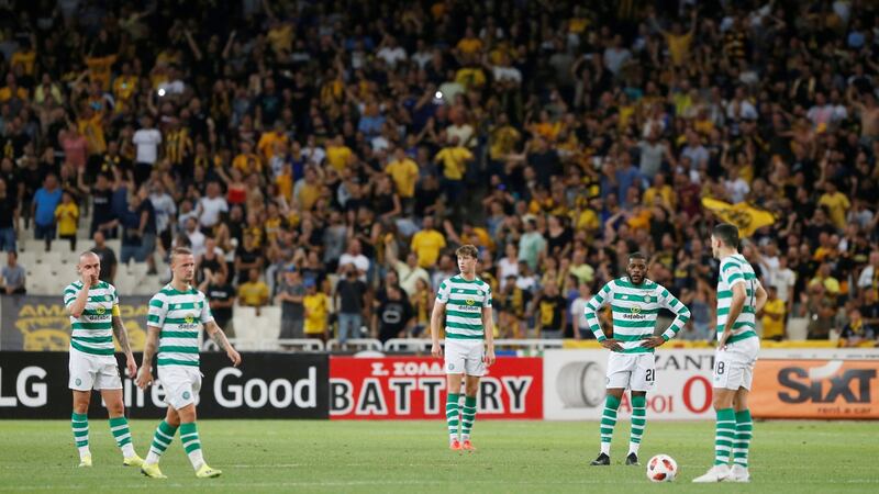 Celtic players react to AEK Athens’ Marko Livaja scoring his team’s second goal. Photograph: Alkis Konstantinidis/Reuters
