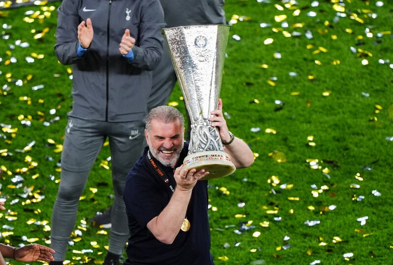 Ange Postecoglou with the Europa League trophy after Tottenham's win over Manchester United at the Estadio de San Mames in Bilbao, Spain in May. Photograph: Andrew Milligan/PA