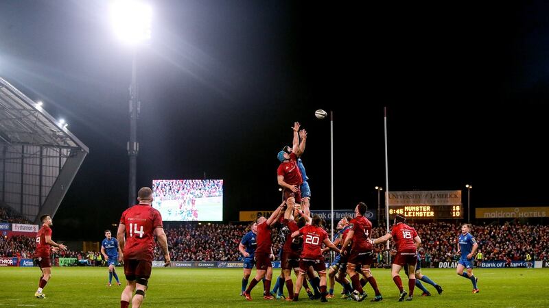 Tadhg Beirne and Scott Fardy challenge a lineout during Munster’s Pro14 win over Leinster. Photograph: Gary Carr/Inpho