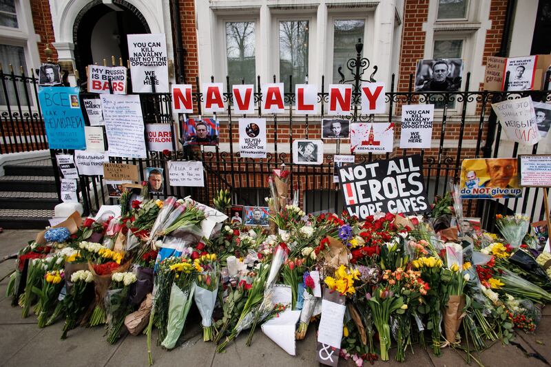 Floral tributes left for the late Russian opposition leader Alexei Navalny near the Russian Embassy in London. Photograph: Rui Minderico/EPA