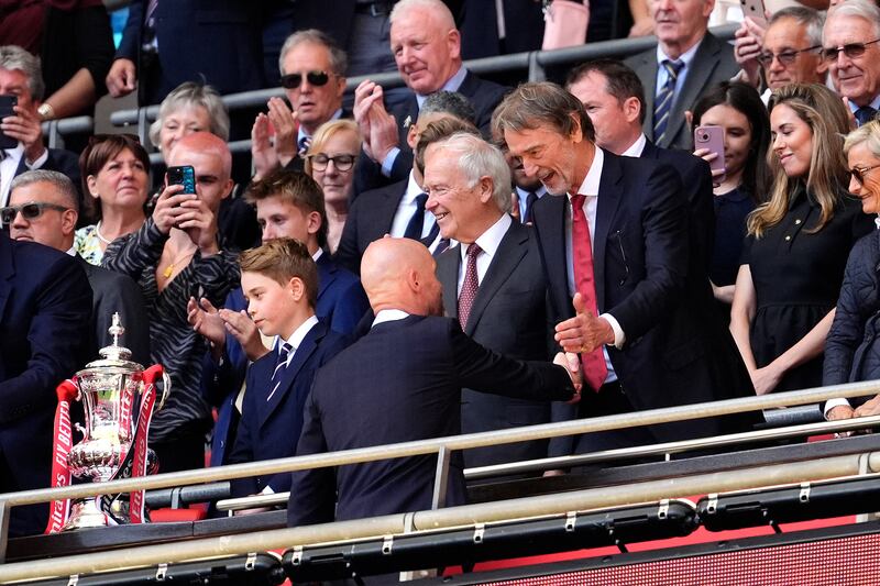 Manchester United manager Erik ten Hag shakes hands with Sir Jim Ratcliffe after winning the Emirates FA Cup final at Wembley Stadium. Photograph: Nick Potts/PA Wire