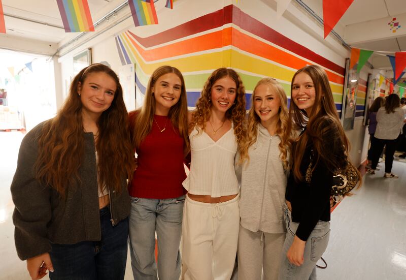 Clonturk Community College students: Caragh Lawlor hopes to study genetic and cell biology, Daisy Wareham hopes for law and media, Eden Brangan wants to do physiotherapy, Arina Foley aims for digital marketing and Amanda Kusnere wants to do European business studies. Photograph: Alan Betson/ The Irish Times