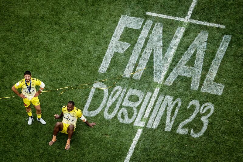 Stade Rochelais' Jules Favre and Levani Botia after the Champions Cup final win over Leinster. Photograph: Ben Brady/Inpho 