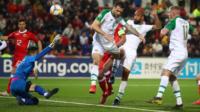 Shane Duffy misses with a late header against Gibraltar. Photograph: james Crombie/Inpho