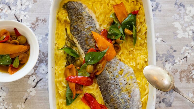 Baked hake, orzo, roasted garlic cream, olive dressing. Photograph: Patrick Browne