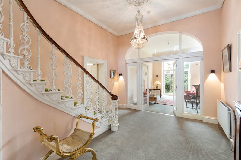 The sweeping central hallway of Clonskeagh Castle is a dramatic introduction to the property