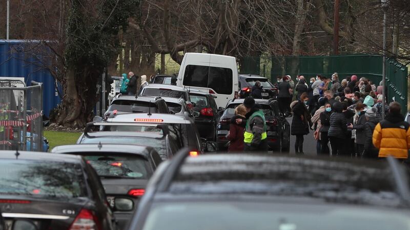 Cars and people queueing at the vaccination centre in Phoenix Park, Dublin, where a  mass vaccination drive for GPs and practice nurses took place on Saturday. Photograph: PA