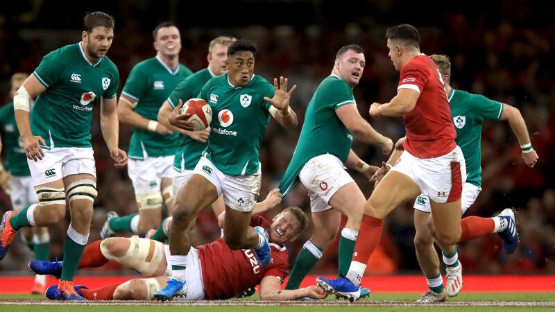 Bundee Aki carries during Ireland’s narrow win over Wales. Photograph: Adam Davy/PA