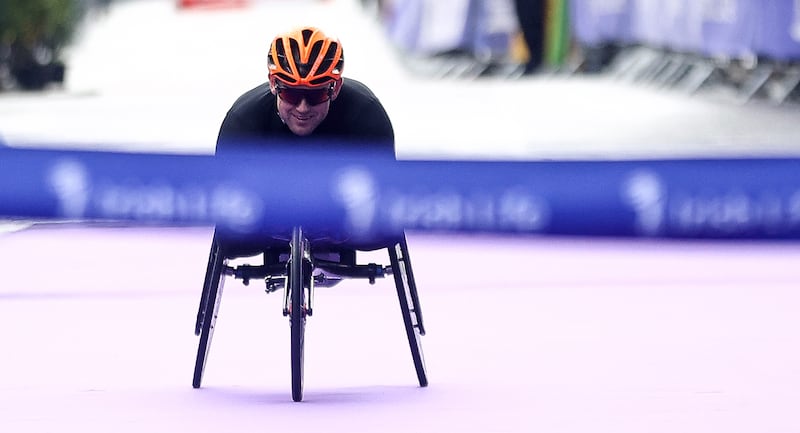 The Dublin Marathon: Patrick Monahan from Kildare wins the wheelchair race. Photograph: Ben Brady/Inpho