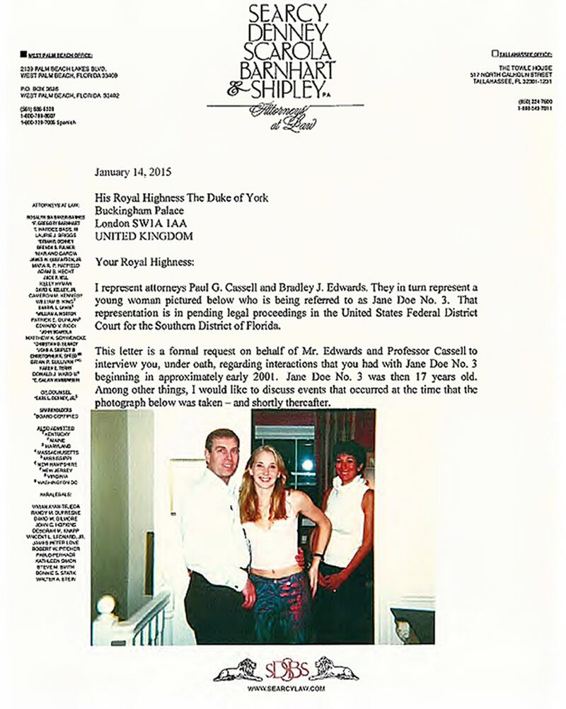 Undated handout image taken from a legal document issued by the Court of Florida of a letter from lawyers for Virginia Giuffre, who claims she was made to have underage sex with Prince Andrew, formally requesting that he respond to her allegations under oath. Photograph: Court of Florida/PA Wire