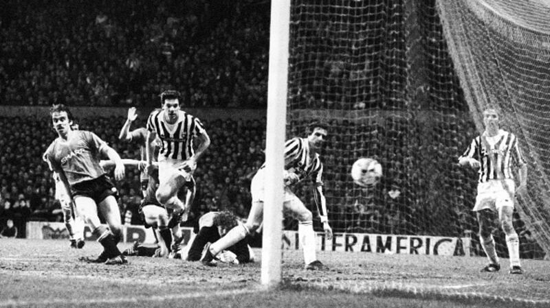 Action from Manchester United’s 1984 European Cup Winners Cup semi-final at Old Trafford. Photograph: Getty Images)