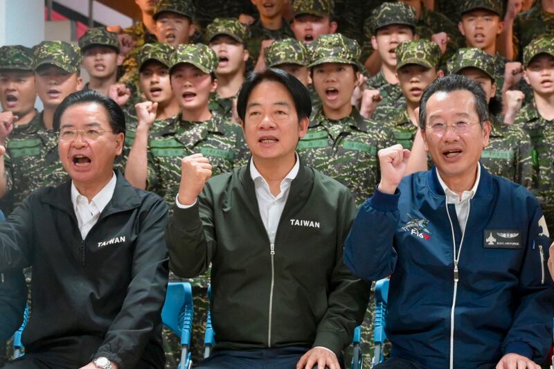 Taiwan president Lai Ching-te  with members of the marine corps during a visit to inspect military troops in Taoyuan on Thursday. Photograph: Sam Yeh/AFP via Getty Images