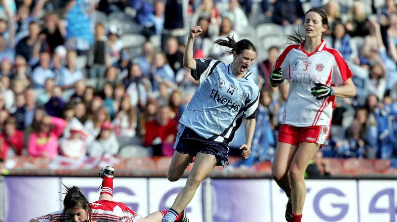 Dublin’s Sinéad Aherne celebrates her goal in the 2010 All-Ireland Ladies Senior Football Championship Final.  Aherne scored 2-7 that day to ensure a victory over Tyrone. Ryan Byrne/Inpho