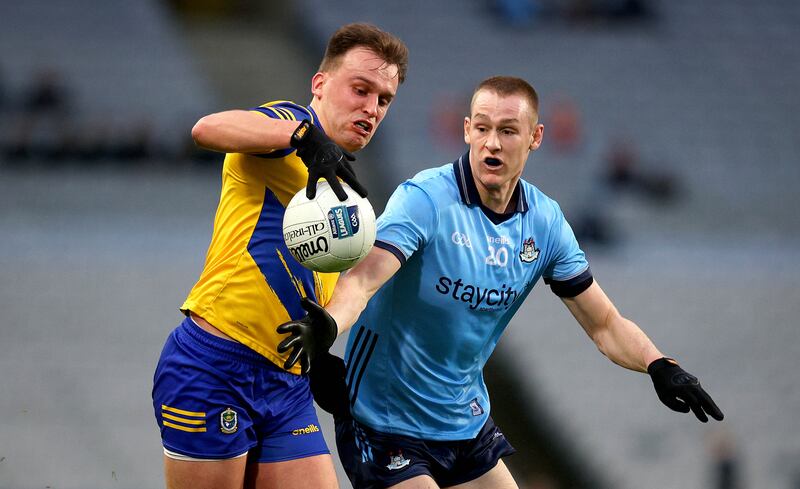 Dublin’s Peadar O’Cofaigh Byrne and Enda Smith of Roscommon. Photograph: Ryan Byrne/Inpho 