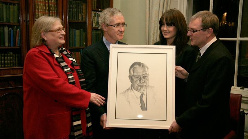 The Leprosy Mission commissioned a portrait of  Dr Vincent Barry to mark his discovery of the cure for leprosy. From left,  Síle DeValera,  Prof Hugh Brady, president of UCD, artist Sarah Tynan and Ken Gibson  of the Leprosy Mission