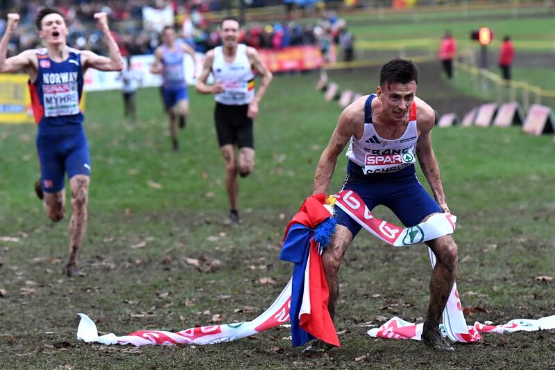 France's Yann Schrub celebrates after winning the men's elite race of the European Cross Country Championships in Brussels on Sunday. Photograph: Jill Delsaux/Belga/AFP via Getty Images