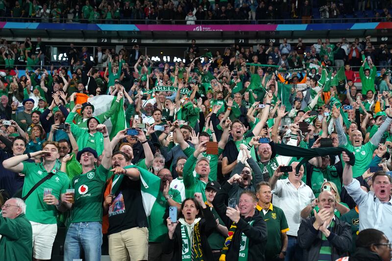 Ireland fans celebrate after the final whistle at the Stade de France in Paris. Photograph: Gareth Fuller/PA Wire