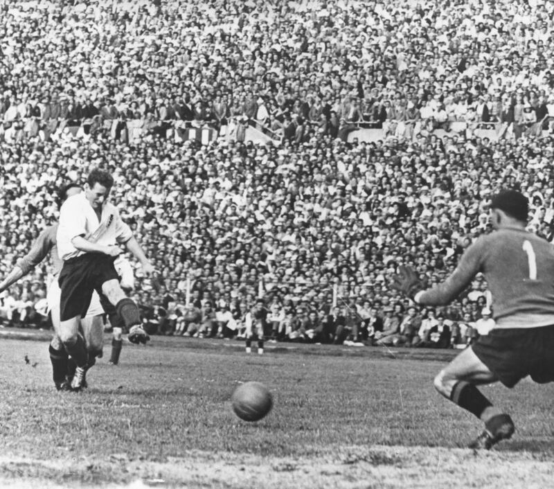 Tom Finney scores England's fourth goal during a match against Italy in Turin in May 1948. Photograph: Keystone/Getty Images