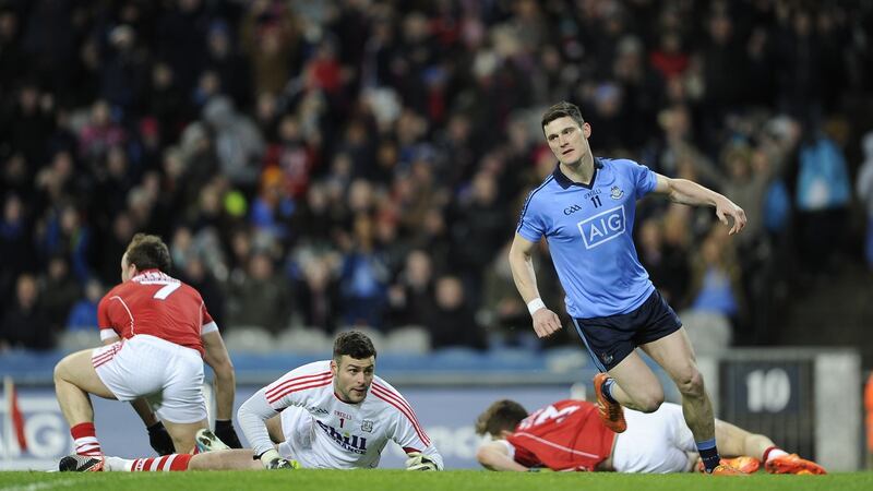 Dublin’s Diarmuid Connolly after scoring his side’s first goal in the 2016 Allianz Football League game against Cork at Croke Park. Photograph: Tommy Grealy/Inpho