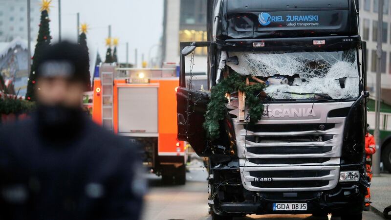 The truck that was driven into a crowded Christmas market Monday evening. Photograph: Markus Schreiber/AP