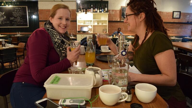 Susan Boyle and Micheala Charles, experimenting with beer flavourings at AlphaBeta Brewery at Pitt Cue, London. Photograph: Tasha Marks