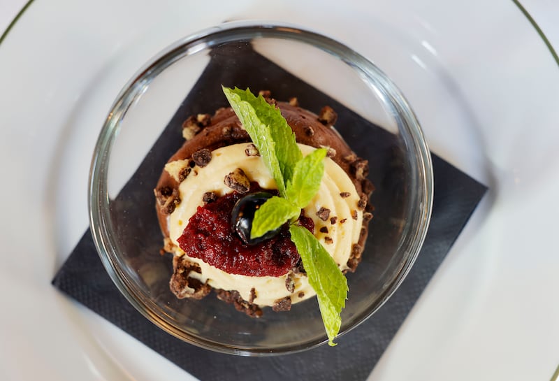 White and dark chocolate mousse caramel with cherry cremieux