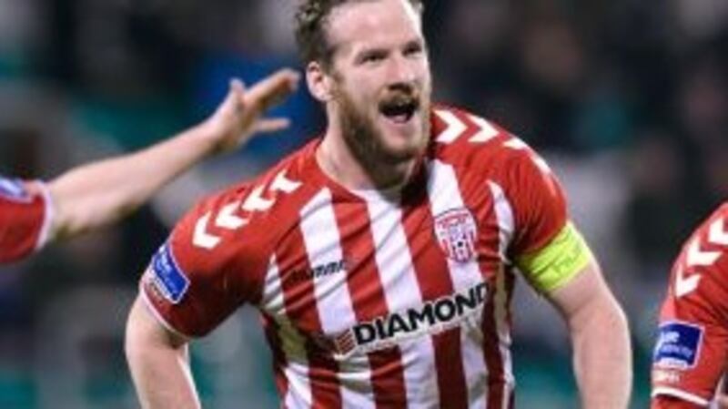 Derry City’s Ryan McBride celebrates scoring a a goal against Shamrock Rovers earlier this month. The club captain was found dead at his home on Sunday. Photograph: Inpho