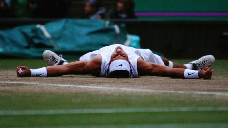 Rafael Nadal after winning an epic 2008 final against Roger Federer. Photograph: Inpho