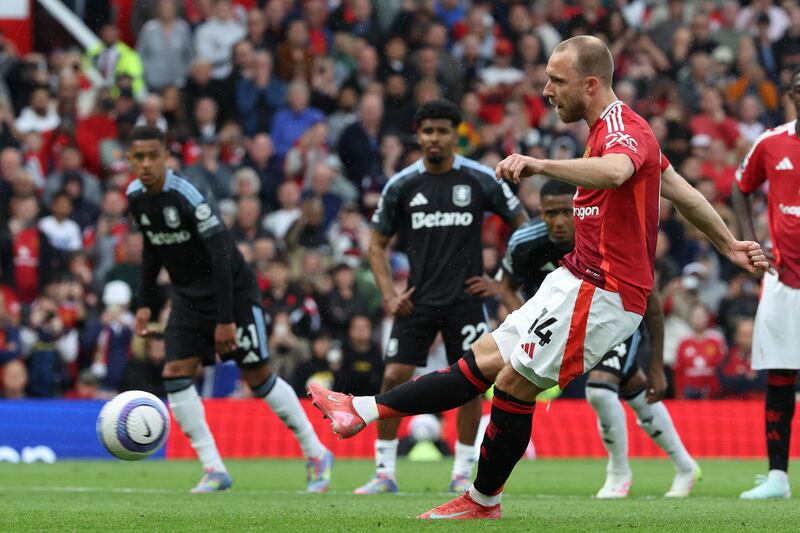 Christian Eriksen scores Manchester United's second goal from the penalty spot in their game against Aston Villa on Sunday. Photograph: Darren Staples/Getty