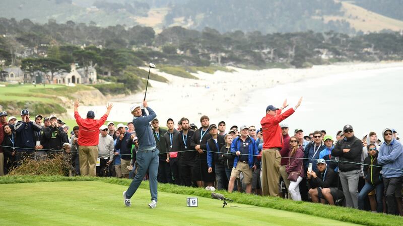 Justin Rose drives from the  14th tee during the third round of the  US Open at Pebble Beach. Photograph: Harry How/Getty Images