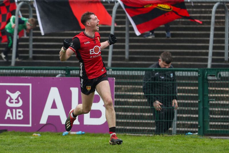 Down’s Ryan McEvoy celebrates scoring the match-winning goal. Photograph: Lorcan Doherty/Inpho