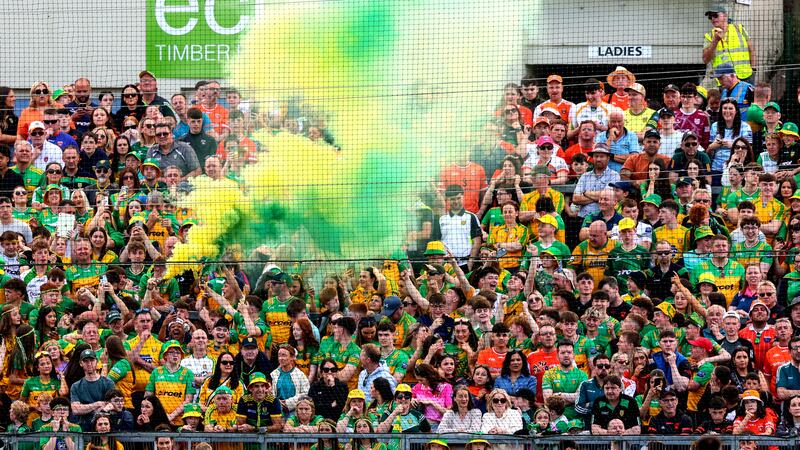 Donegal fans celebrating during the Ulster championship final in Clones. Photograph: Ben Brady/Inpho