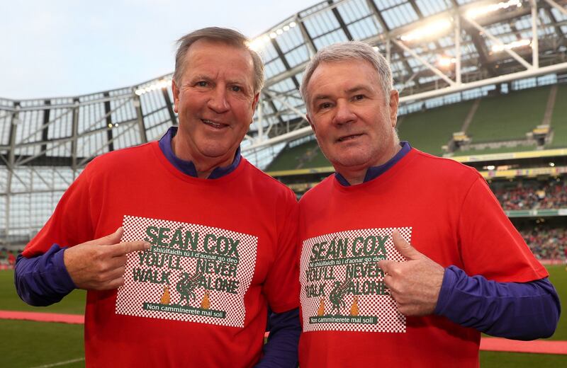 Former Liverpool and Ireland stars Ronnie Whelan and Ray Houghton at a Seán Cox fundraising match at The Aviva Stadium in Dublin. Photograph: Brian Lawless/PA Wire