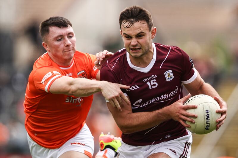 Armagh's Oisín Conaty tackles Cillian McDaid of Galway during the championship clash at Markievicz Park, Sligo. Photograph: Ben Brady/Inpho 